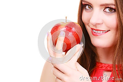 Woman charming girl colorful makeup holds apple fruit Stock Photo