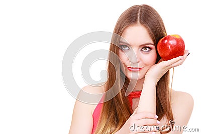 Woman charming girl colorful makeup holds apple fruit Stock Photo