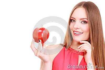 Woman charming girl colorful makeup holds apple fruit Stock Photo