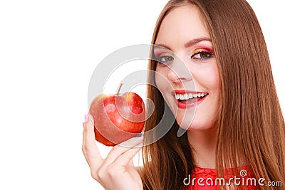 Woman charming girl colorful makeup holds apple fruit Stock Photo