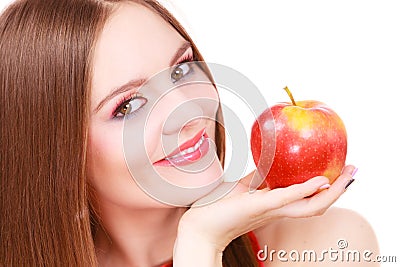 Woman charming girl colorful makeup holds apple fruit Stock Photo