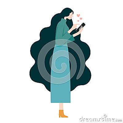 Woman chatting love message on mobile phone side view Vector Illustration