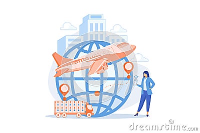 Woman check Internet store shipment. Goods worldwide shipping. Smart delivery tracking, track your orders, delivery status online Vector Illustration