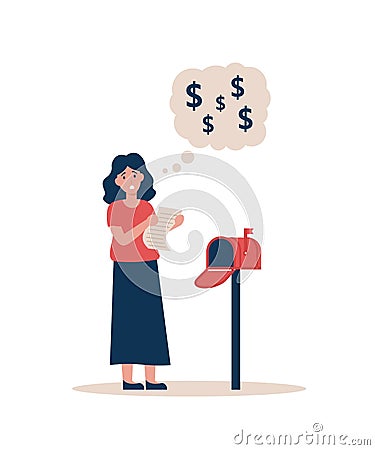 Woman with a check for payment stands near a home mailbox Vector Illustration