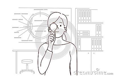 Woman check sight in oculist cabinet Vector Illustration