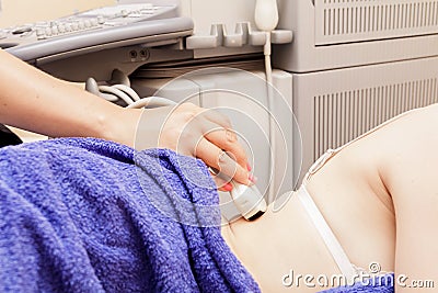 The woman checked on the kidneys by ultrasound device in the hospital.doctor examines a young woman with ultrasound Stock Photo