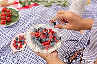 Woman in checkered stylish dress take berry from berries plate. Outdoor picnic Stock Photo