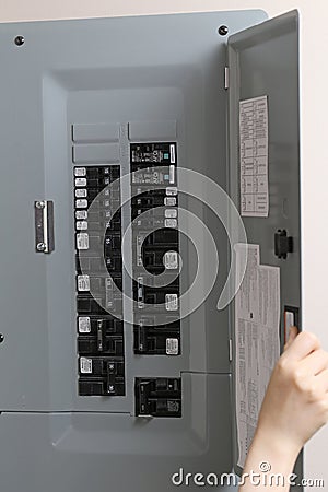 Woman checking automatic fuses at electrical control panel Editorial Stock Photo