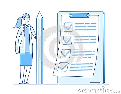 Woman with checklist. Complete business list. Girl holding pencil. Successful task check mark completed document vector Vector Illustration