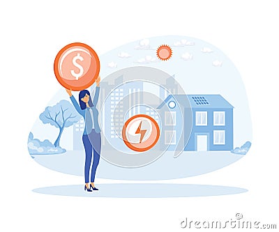 Woman checks heating meter and calculate household utility bill. Vector Illustration