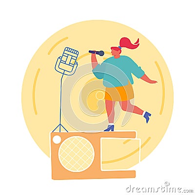 Woman Cheer and Dancing on Stage Performing Composition in Karaoke Bar. Super Star Singing Song. Artist Singing Vector Illustration