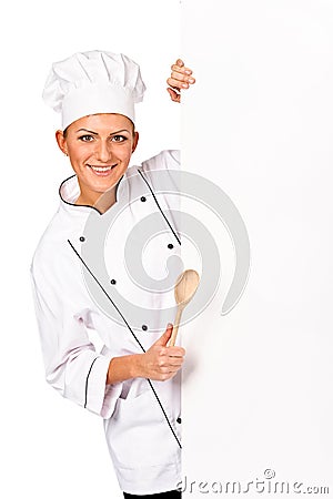 Woman chef, baker or cook holding blank white pape Stock Photo