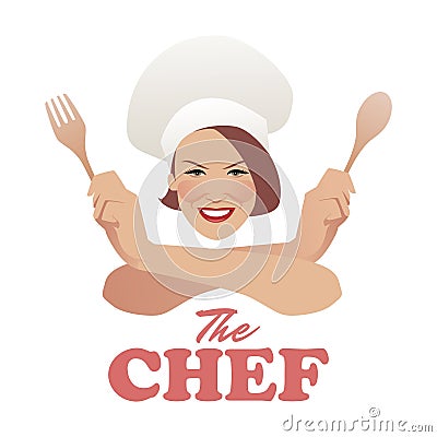 Woman Chef. Beautiful cook with wooden spoon and fork. Vector Illustration