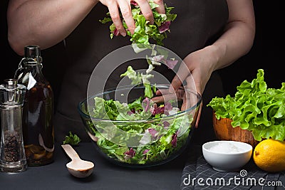 Woman chef in the kitchen cooking vegetable salad. Healthy Eating. Diet Concept. A Healthy Way Of Life. Cook At Home. To Stock Photo