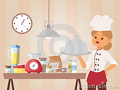 Woman chef teaches cooking class, vector illustration. Girl in cook uniform holding a dish with cooked meal. Kitchen Vector Illustration