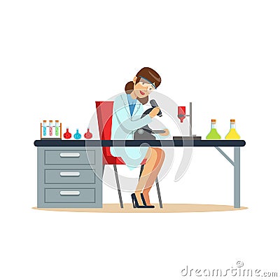 Woman chemist working with microscope and testing tubes in the laboratory Vector Illustration