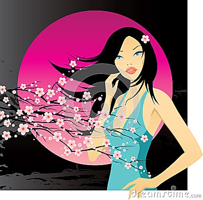 Woman with cherry twig Vector Illustration