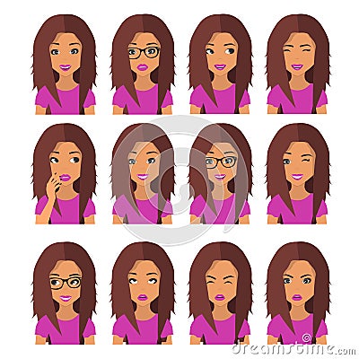 Woman with chestnut hair and emotions. User icons. Avatar Vector illustration Cartoon Illustration