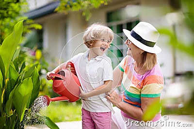 Woman and child gardening. Grandmother and kid Stock Photo