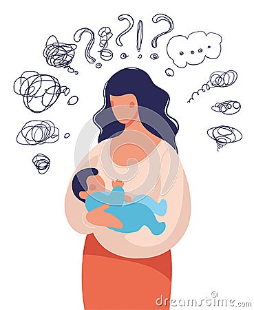 A woman with a child in her arms asks herself many questions. Conceptual illustration about postpartum depression, help Vector Illustration