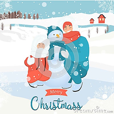 A woman and a child are making a snowman. Winter activity. Outdoor games in winter. People in warm winter clothes Vector Illustration