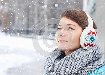 Woman child outside park winter ice snow Stock Photo