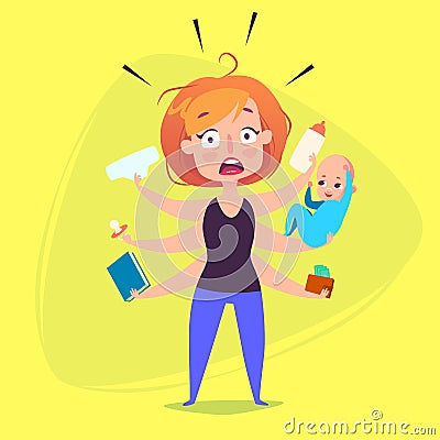 A woman with a child is panicking because of duties. Vector Illustration