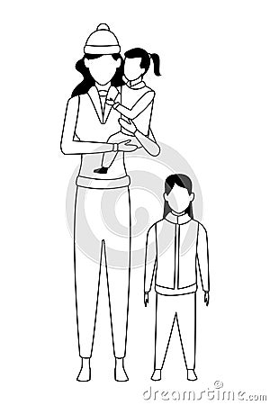 Woman with children avatars black and white Vector Illustration
