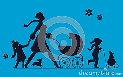 Woman with children and dogs. Super mother walks with children. Vector Illustration