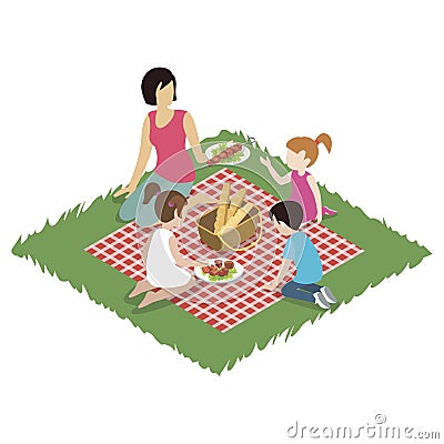 Woman and children having picnic Vector Illustration