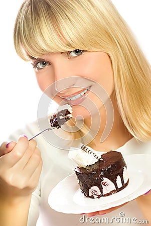 Woman with chocolate cake Stock Photo