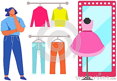 Woman choose cloth hanging on hangers. Shopping lady in clothing store mall, buyer in shop Vector Illustration