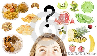 Woman choose between fast food or healthy fruits Stock Photo