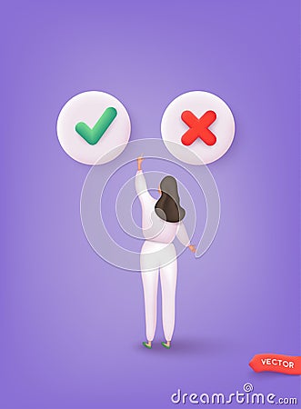 Woman choose YES or NO. Concept of choice, selection, answer, reply, accept of refuse. 3D Web Vector Illustrations Vector Illustration