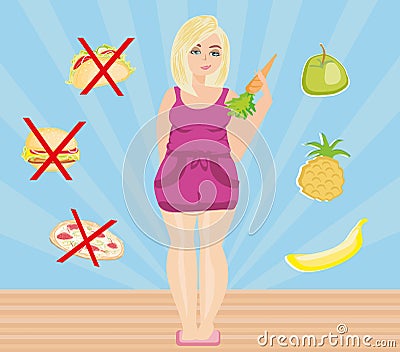 Woman chooses between healthy and unhealthy food Vector Illustration