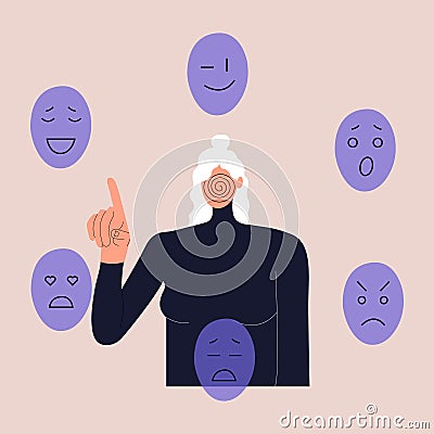 A woman chooses a mask to express various emotions. Concept of changing personality to conform to social requirements Vector Illustration