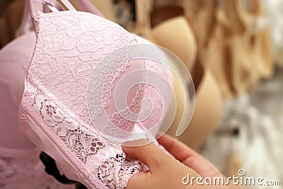 Woman chooses pink lace bra hanging on rack in lingerie store. Concept of shopping, customer during sale, female fashion, differen Stock Photo