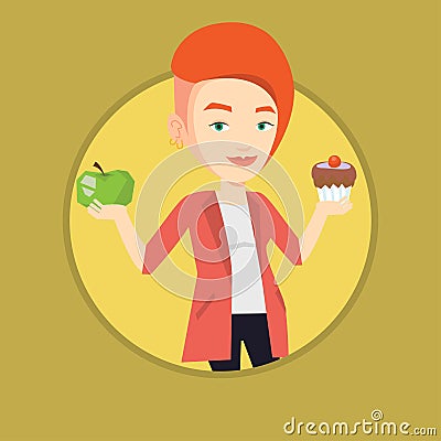 Woman choosing between apple and cupcake. Vector Illustration