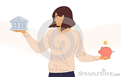 Woman choosing between bank and piggybank flat vector illustration. Budget planning concept isolated clipart. Money Vector Illustration