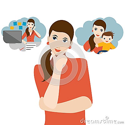 Woman choosing between family life with children or bussines career. Hard choice, dilemma, search of life balance. Vector Illustration