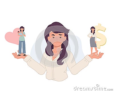 Woman choosing between family or parent responsibilities and career or professional success. Difficult choice. Flat cartoon vector Vector Illustration