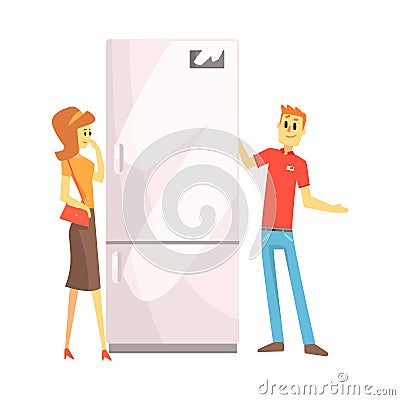 Woman Choosing Fridge With Shop Assistant Help, Department Store Shopping For Domestic Equipment And Electronic Objects Vector Illustration