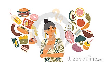 Woman choosing between healthy and unhealthy food concept flat vector illustration. Fastfood vs balanced menu comparison Vector Illustration