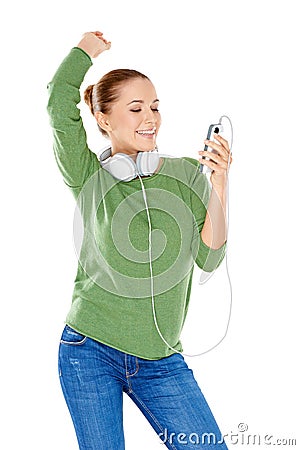 Woman choosing her downloaded music Stock Photo