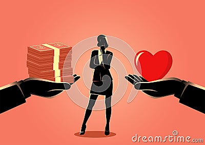 Woman choosing between love or money Vector Illustration