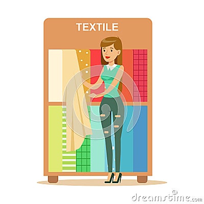 Woman Choosing Textile Drapers, Smiling Shopper In Furniture Shop Shopping For House Decor Elements Vector Illustration