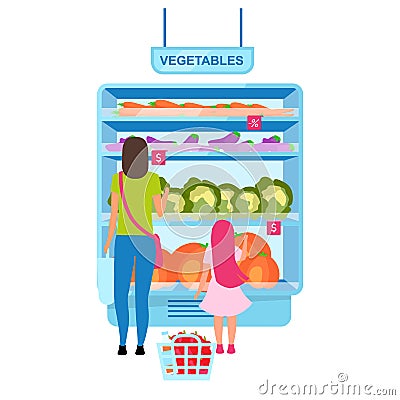 Woman choosing vegetables in greengrocery flat vector illustration Vector Illustration