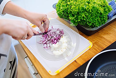 Woman chopping onions Stock Photo