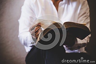 Woman christian read bible, Asian girl who believers praying and worshiping to god Stock Photo