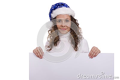 Woman in Christmas cap holding blank informational Stock Photo